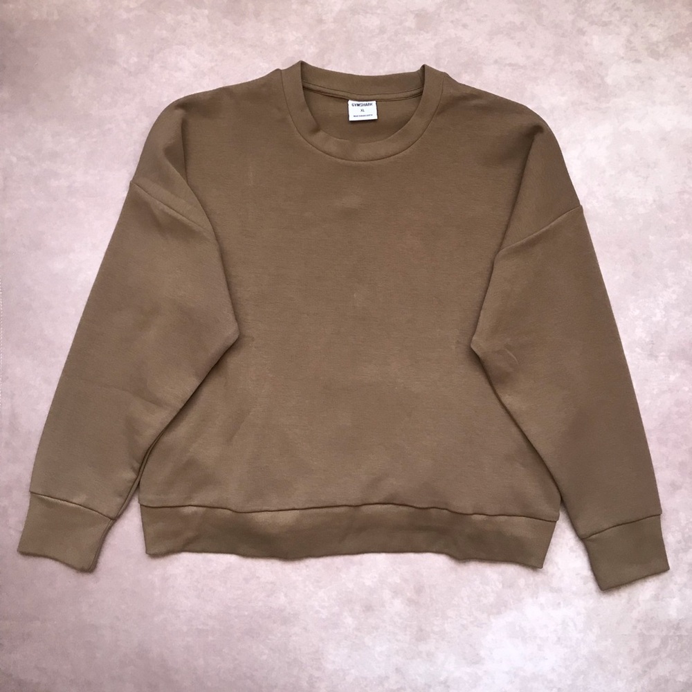 NWOT Gymshark Khaki Green Sweatshirt Neutral 80% Cotton Drawstring Back XL